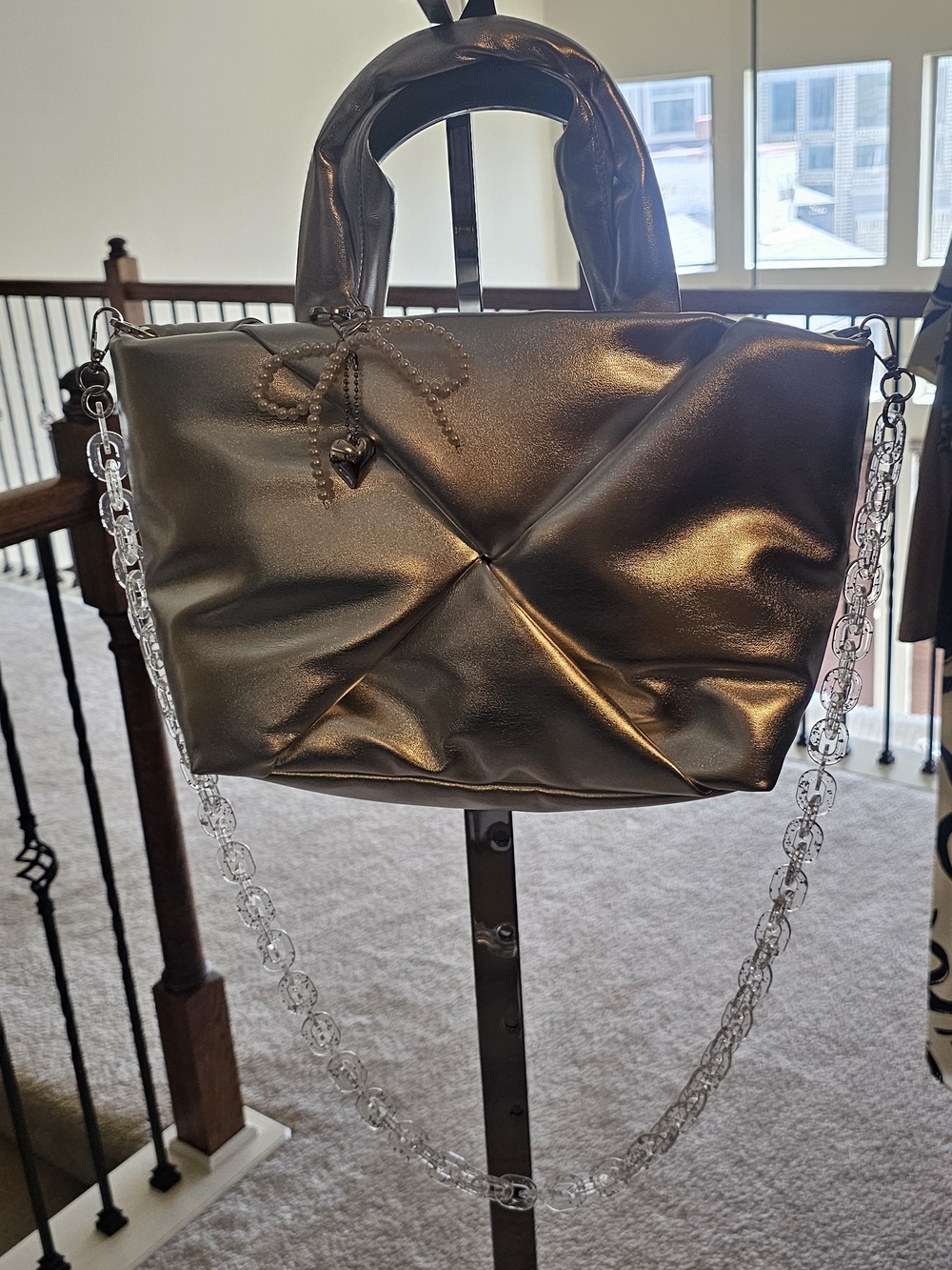 Metallic Silver Bag w/bag Chrm Clear Chain Strap, Matching Pouch, & 2 Hair Clips